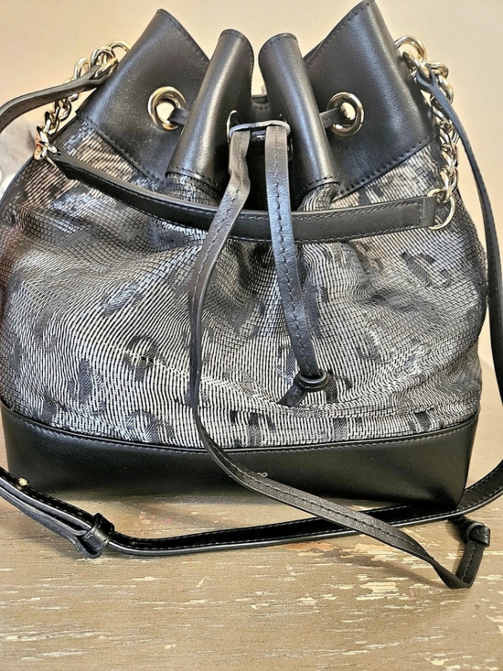 Jimmy Choo Juno Mesh & Leather Bucket Bag Black